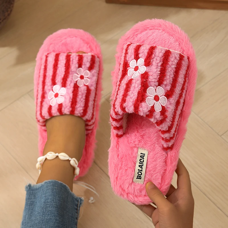 Embroidery Garments - Flower Embroidery Stripe Plush Slippers Women