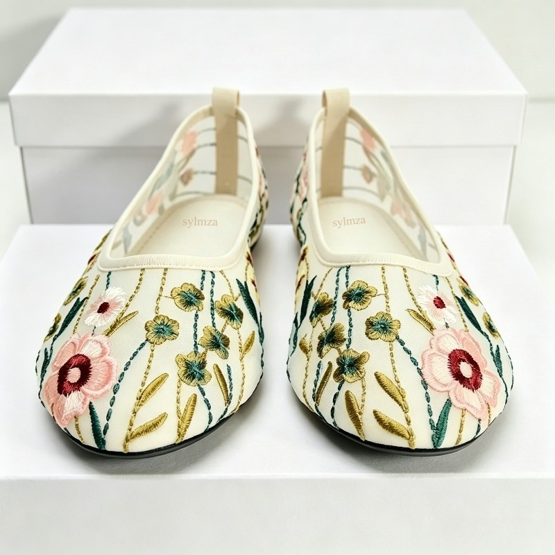 Round Toe Mesh Ballet Flats Sh - Embroidery Meaning recension och pris