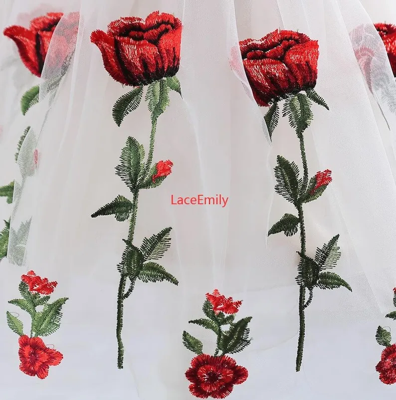 Red Rose Lace Fabric flower em - Embroidery Rose recension och pris