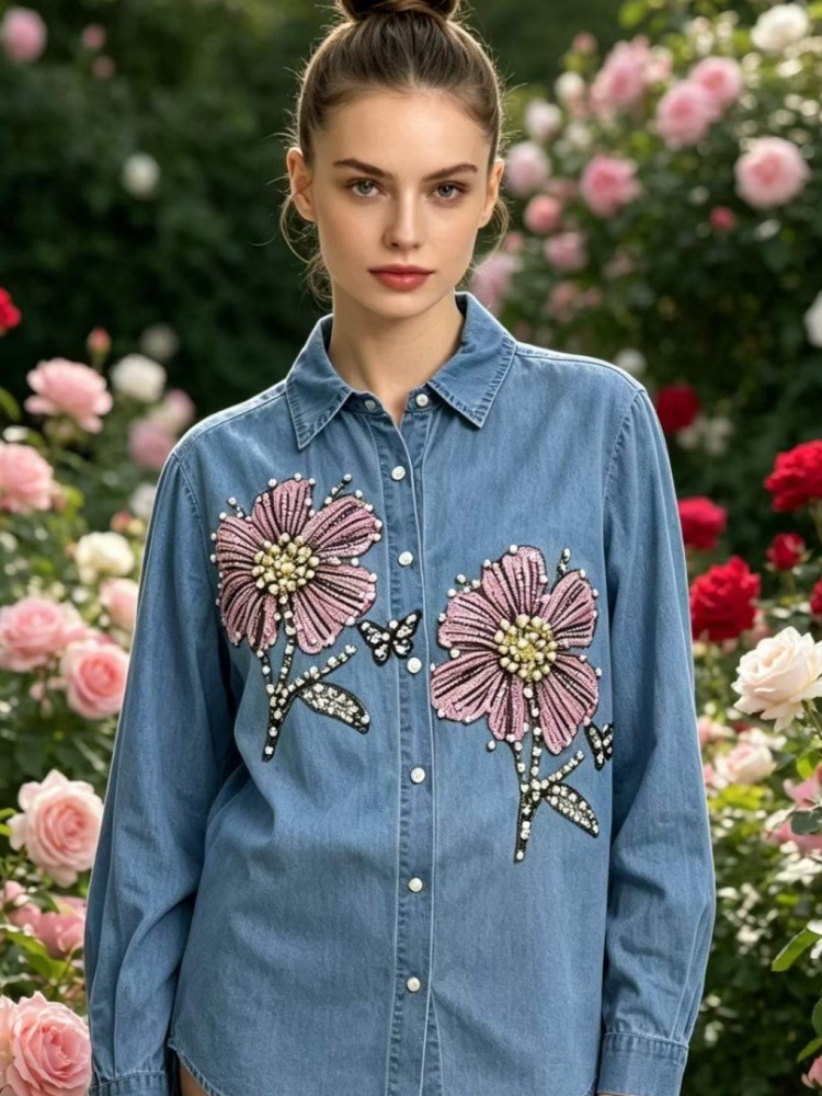 Women Denim Embroidery Blouses - Embroidery Cotton Shirt recension och pris