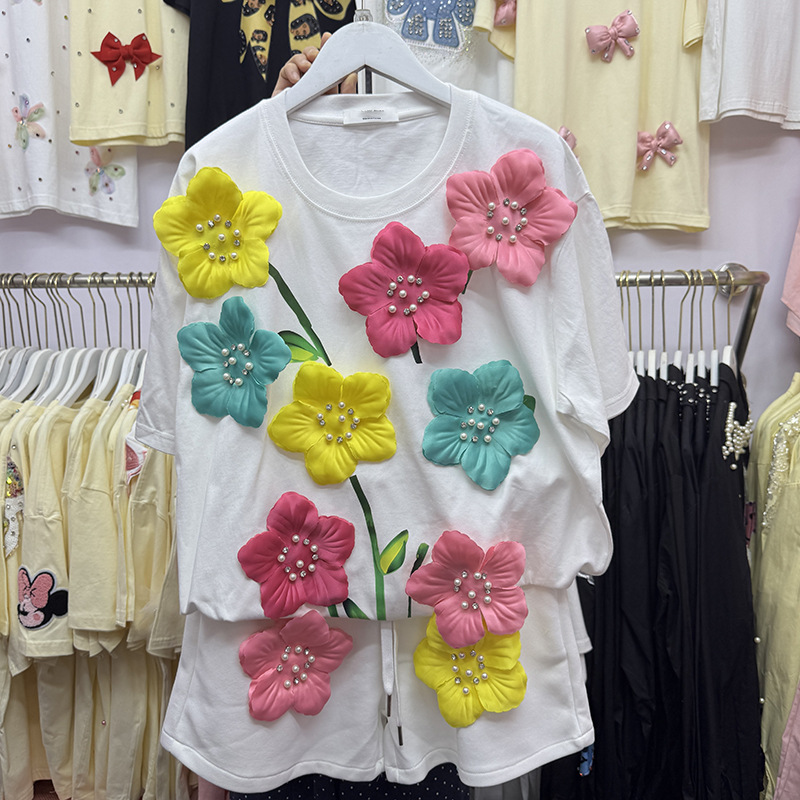 Summer Colorful 3D Flowers T-s - Embroidery Cotton Shirt recension och pris
